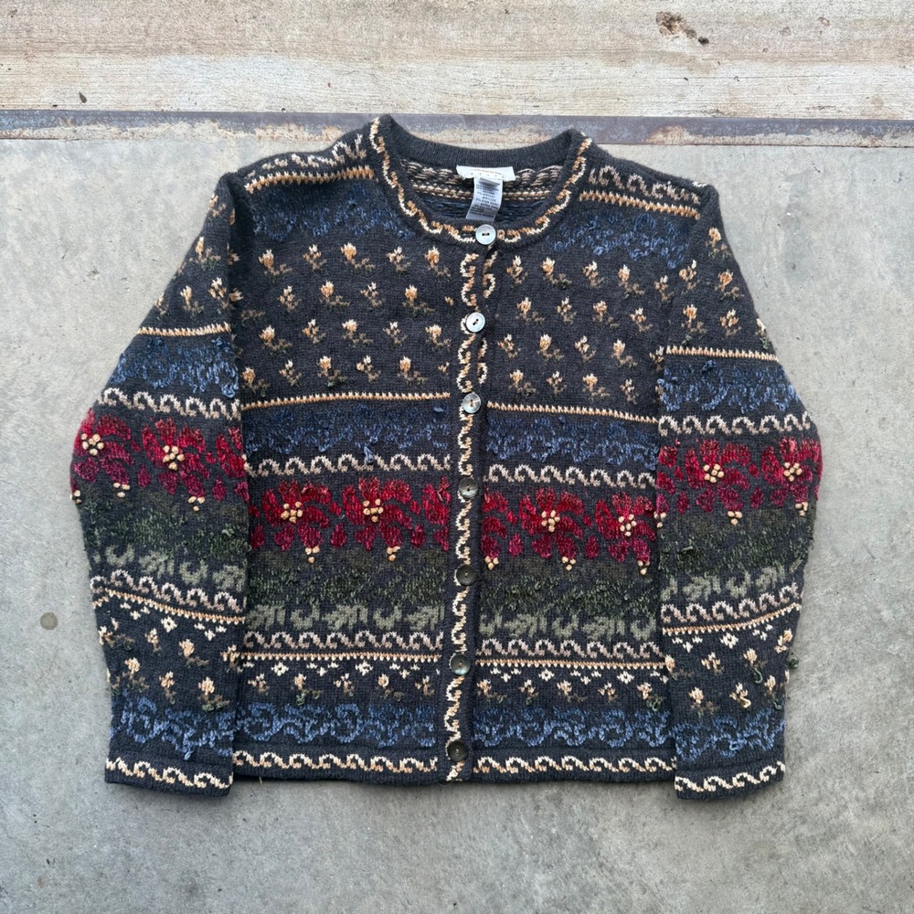 Vintage Talbots Petites Floral Fair Isle Cardigan Sweater Navy Blend Medium P M